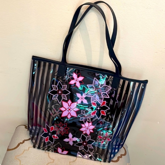 🌸 Henri Bendel Pink Floral PVC Striped/Clear Tote Bag NWOT! - Picture 3 of 11